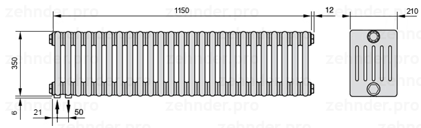 Схема (чертеж) Радиатор Zehnder Charleston 6035/25 №3370 Белый глянцевый RAL 9016